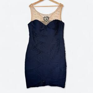 Adrianna Papell Illusion Beaded Pleated Cocktail Dress Womens 14W Y2K Bodycon